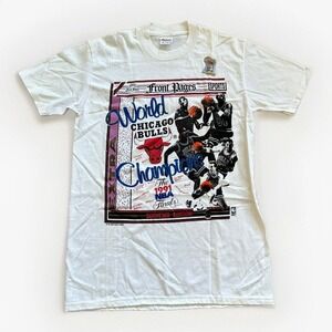 Chicago Bulls Shirt Mens M 1991 NBA World Champs Front Pages White‎ Vintage